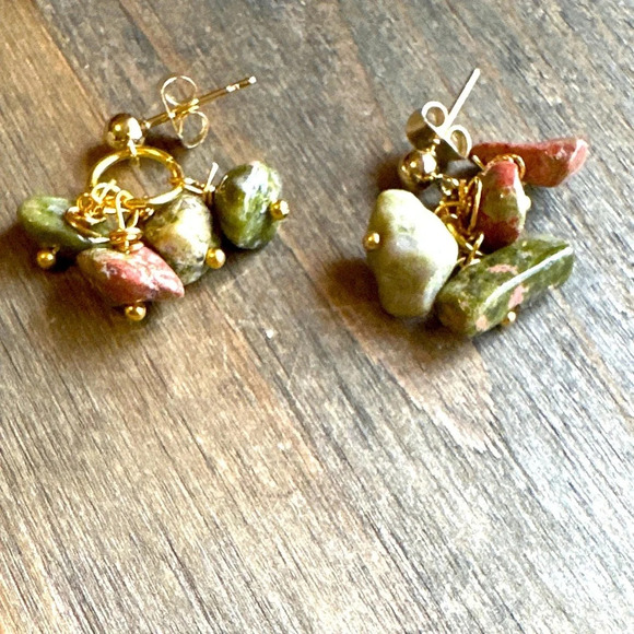 Unakite confetti dangle chandelier earrings gold/grounding stone for Scorpio - Picture 1 of 6